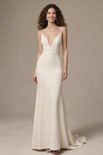 Robe longue formelle à bretelles spaghetti sirène ivoire
